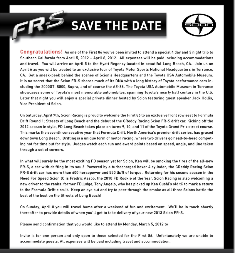 Illustration for article titled First 86 Scion FR-S Buyers Get The Royal Treatment